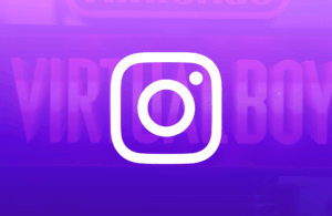 Logo Instagram sur un fond dégradé violet avec le logo du Virtual Boy en fond